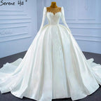 Muslim Satin White Luxury Wedding Dresses 2025 Beading Pearls Ball Gown Bridal Dress HM67259 Custom Made