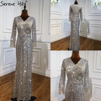 Muslim Silver Long Sleeves Evening Dresses Gowns 2025 Elegant Mermaid Sparkle Luxury For Women Party LA70784