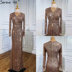 Muslim Silver Long Sleeves Evening Dresses Gowns 2025 Elegant Mermaid Sparkle Luxury For Women Party LA70784