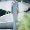 On Sale no return no refundSale Muslim Silver Mermaid Elegant Evening Dresses Gowns  2025 Long Sleeves Sparkle For Women Party LA70690