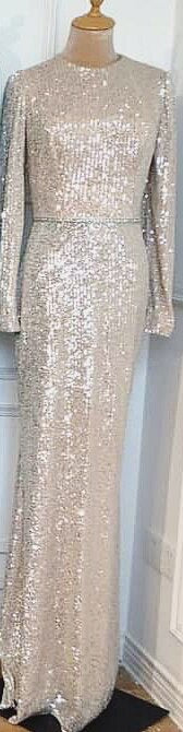 En oferta, sin devolución ni reembolso. Vestidos de noche elegantes de sirena plateada musulmana, 2025, mangas largas brillantes para mujer, fiesta LA70690 