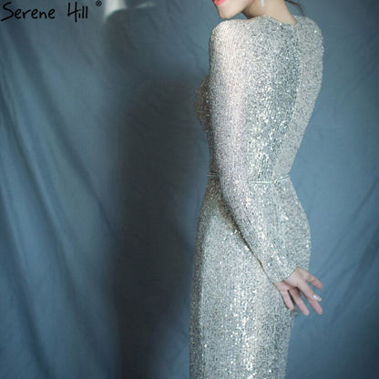 En oferta, sin devolución ni reembolso. Vestidos de noche elegantes de sirena plateada musulmana, 2025, mangas largas brillantes para mujer, fiesta LA70690 