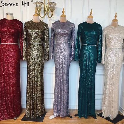 En oferta, sin devolución ni reembolso. Vestidos de noche elegantes de sirena plateada musulmana, 2025, mangas largas brillantes para mujer, fiesta LA70690 