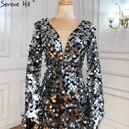 En oferta, sin devolución ni reembolso, vestidos de noche musulmanes de sirena plateados, vestidos de noche 2025 con mangas acampanadas, elegantes para mujer para fiesta LA70650 