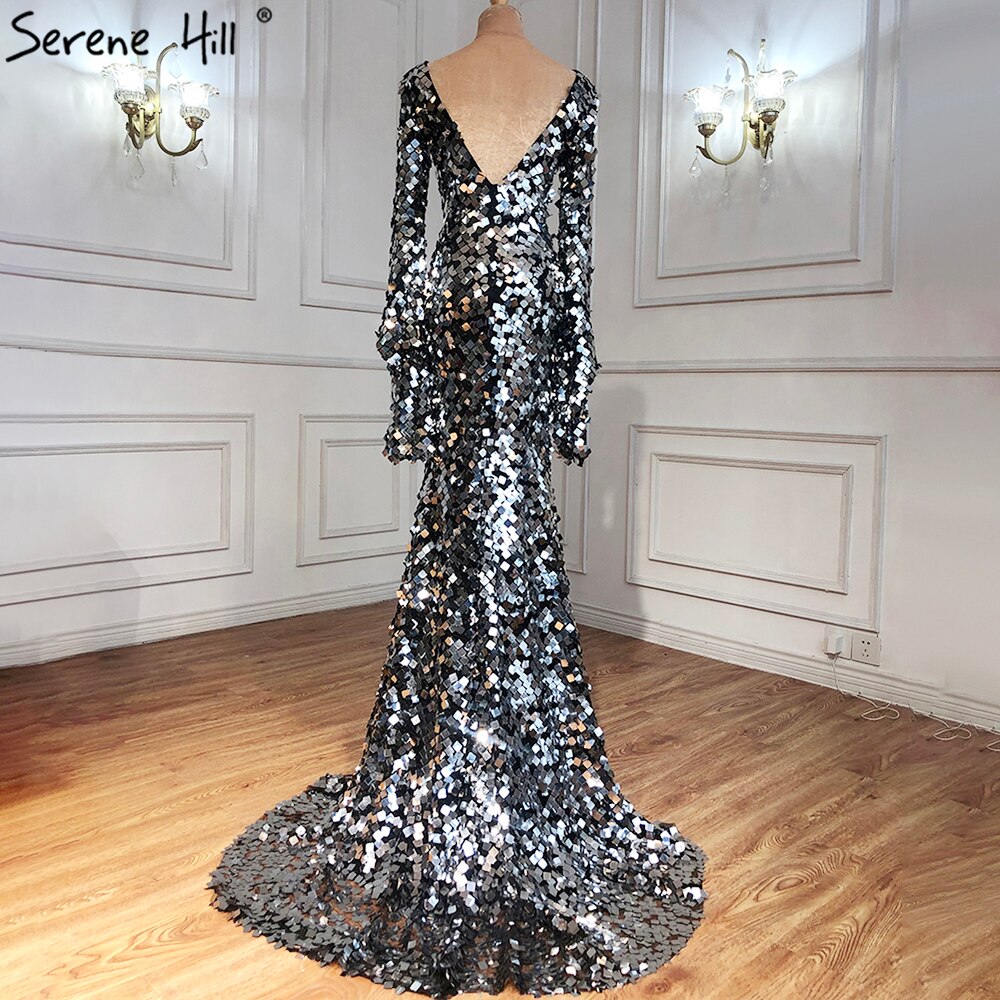 En oferta, sin devolución ni reembolso, vestidos de noche musulmanes de sirena plateados, vestidos de noche 2025 con mangas acampanadas, elegantes para mujer para fiesta LA70650 