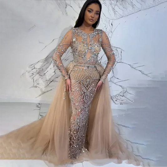 Muslim Silver Nude Mermaid Gown with Detachable Overskirt Beaded Evening Dress for Women Wedding Party 2025 LA71919