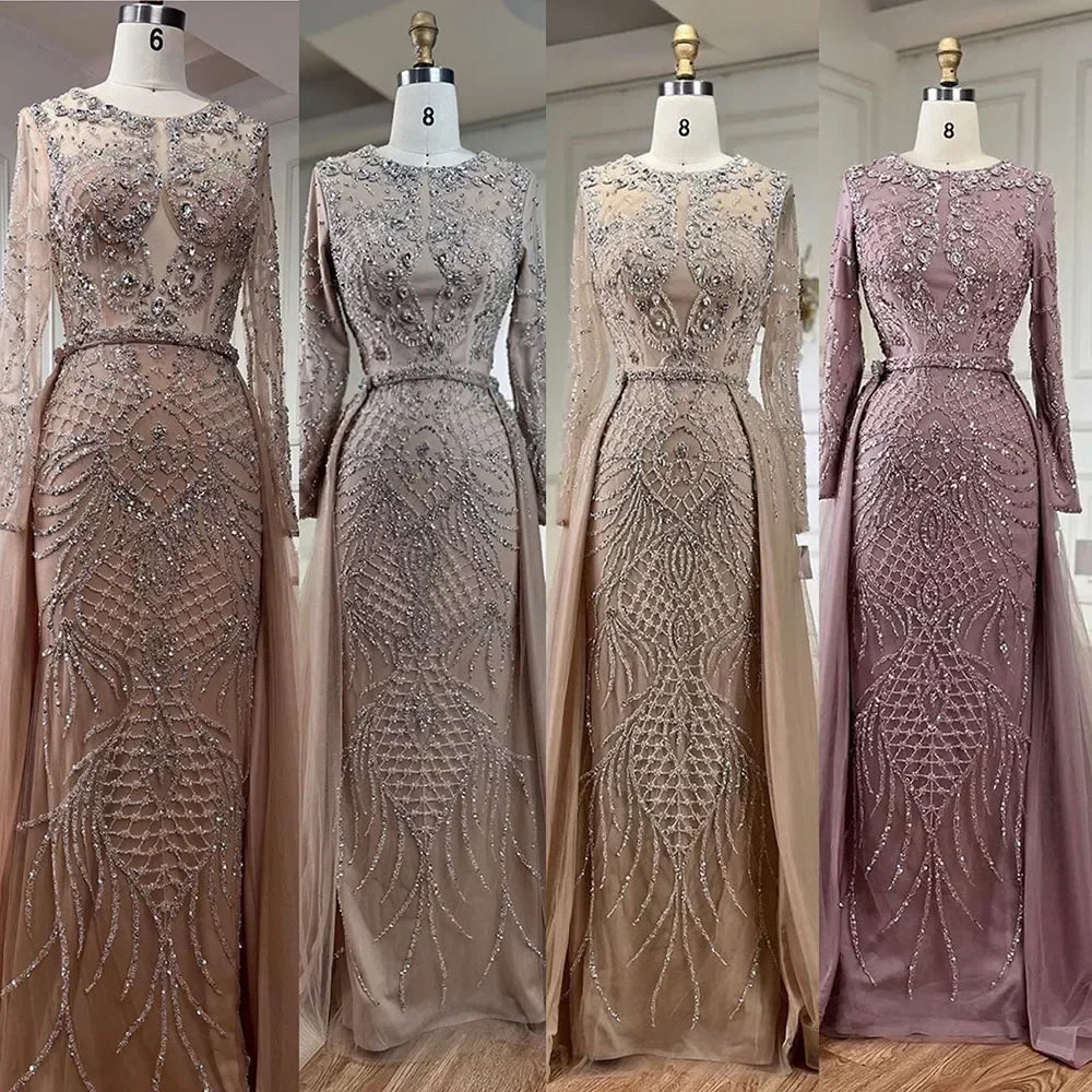 Muslim Silver Nude Mermaid Gown with Detachable Overskirt Beaded Evening Dress for Women Wedding Party 2025 LA71919