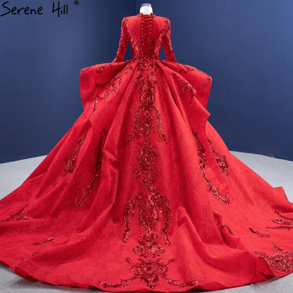 Vestidos de novia musulmanes rojos brillantes 2025, vestidos de novia de lujo con encaje fruncido HM67298, hechos a medida 