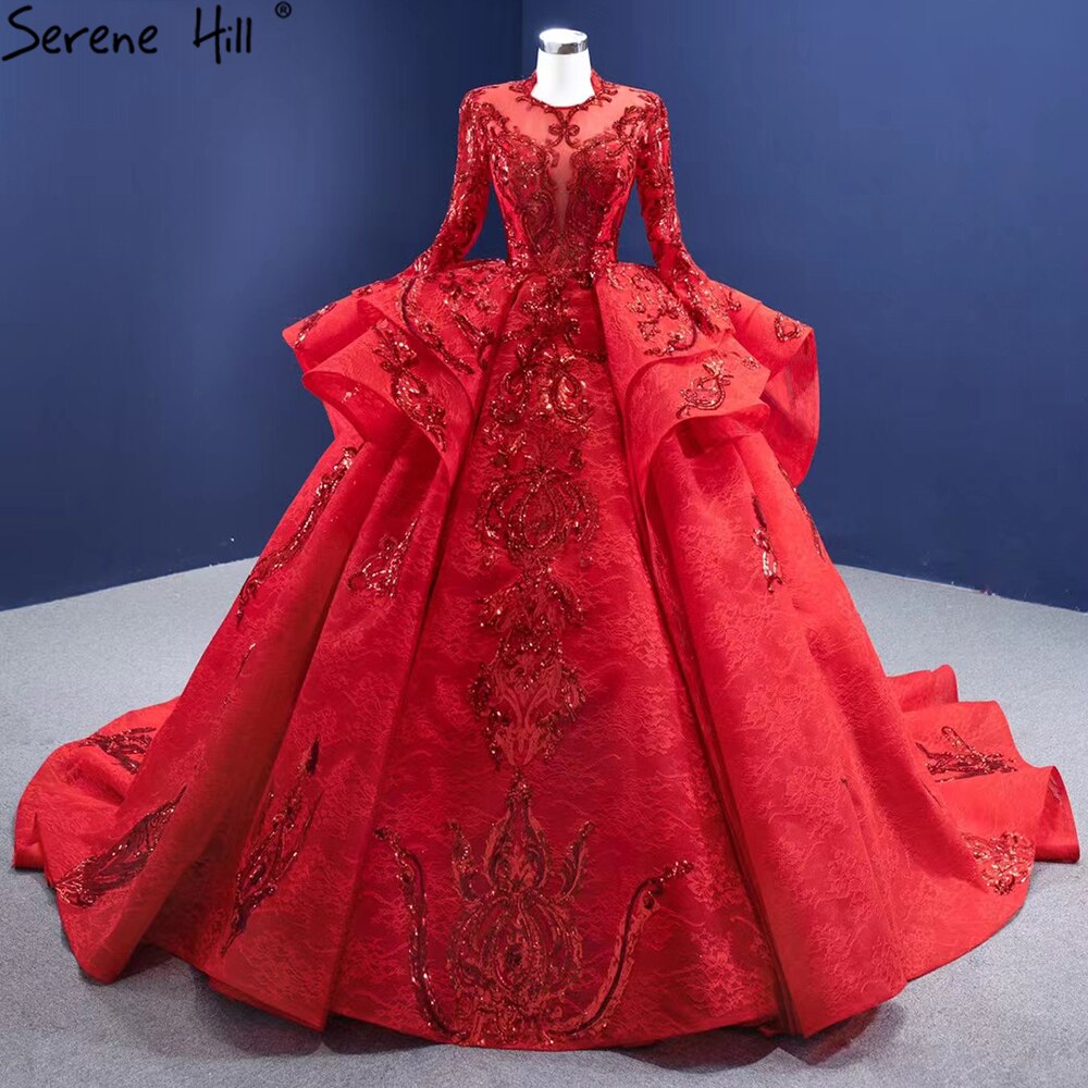 Vestidos de novia musulmanes rojos brillantes 2025, vestidos de novia de lujo con encaje fruncido HM67298, hechos a medida 