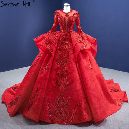 Muslim Sparkle Red Wedding Dresses 2025 Ruched Lace Luxury Bride Gowns HM67298 Custom Made