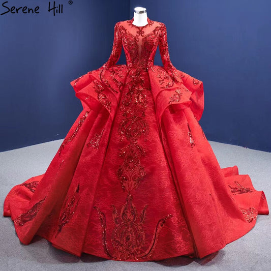 Muslim Sparkle Red Wedding Dresses 2025 Ruched Lace Luxury Bride Gowns HM67298 Custom Made