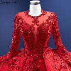 Vestidos de novia musulmanes rojos brillantes 2025, vestidos de novia de lujo con encaje fruncido HM67298, hechos a medida 