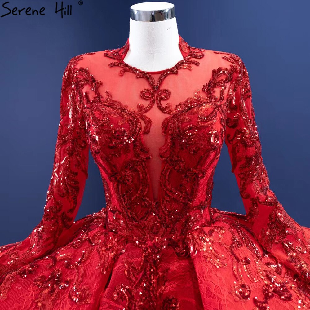 Vestidos de novia musulmanes rojos brillantes 2025, vestidos de novia de lujo con encaje fruncido HM67298, hechos a medida 