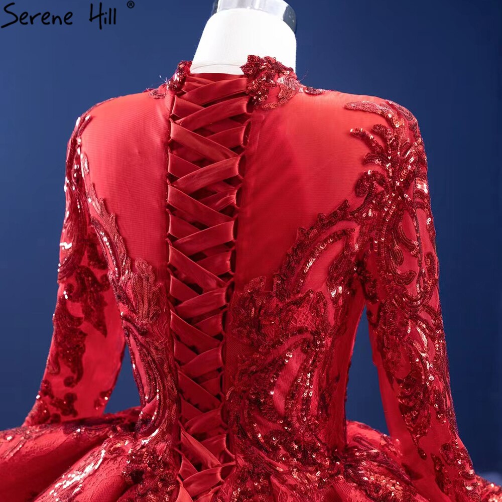 Vestidos de novia musulmanes rojos brillantes 2025, vestidos de novia de lujo con encaje fruncido HM67298, hechos a medida 