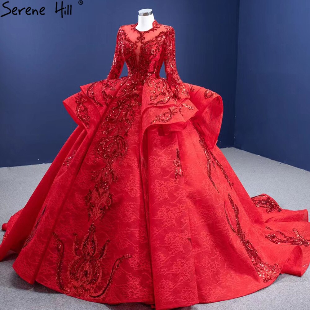 Vestidos de novia musulmanes rojos brillantes 2025, vestidos de novia de lujo con encaje fruncido HM67298, hechos a medida 