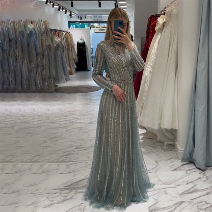 Muslim Turquoise A Line Beaded Luxury Dubai Long Evening Dresses Gowns For Women Wedding Party 2025 LA71812
