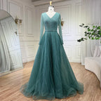 Vestido de noche musulmán turquesa elegante de corte A de lujo de Dubái con cuentas, vestido formal 2025 LA72228 