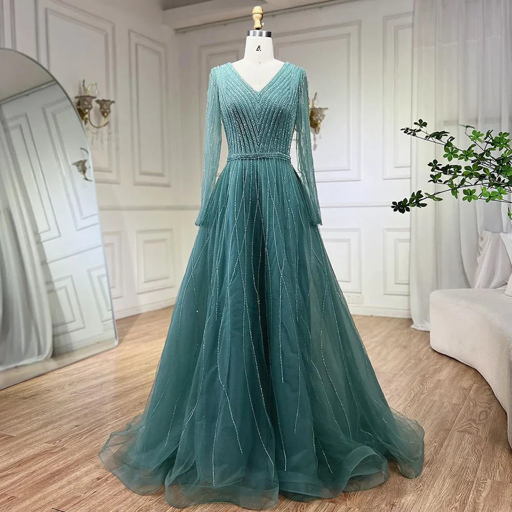 Vestido de noche musulmán turquesa elegante de corte A de lujo de Dubái con cuentas, vestido formal 2025 LA72228 