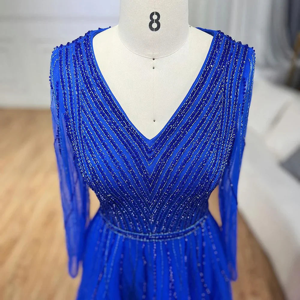 Vestido de noche musulmán turquesa elegante de corte A de lujo de Dubái con cuentas, vestido formal 2025 LA72228 