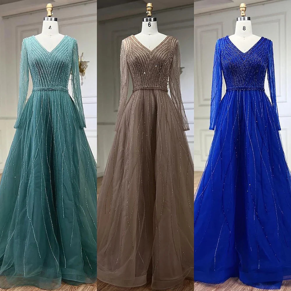 Vestido de noche musulmán turquesa elegante de corte A de lujo de Dubái con cuentas, vestido formal 2025 LA72228 