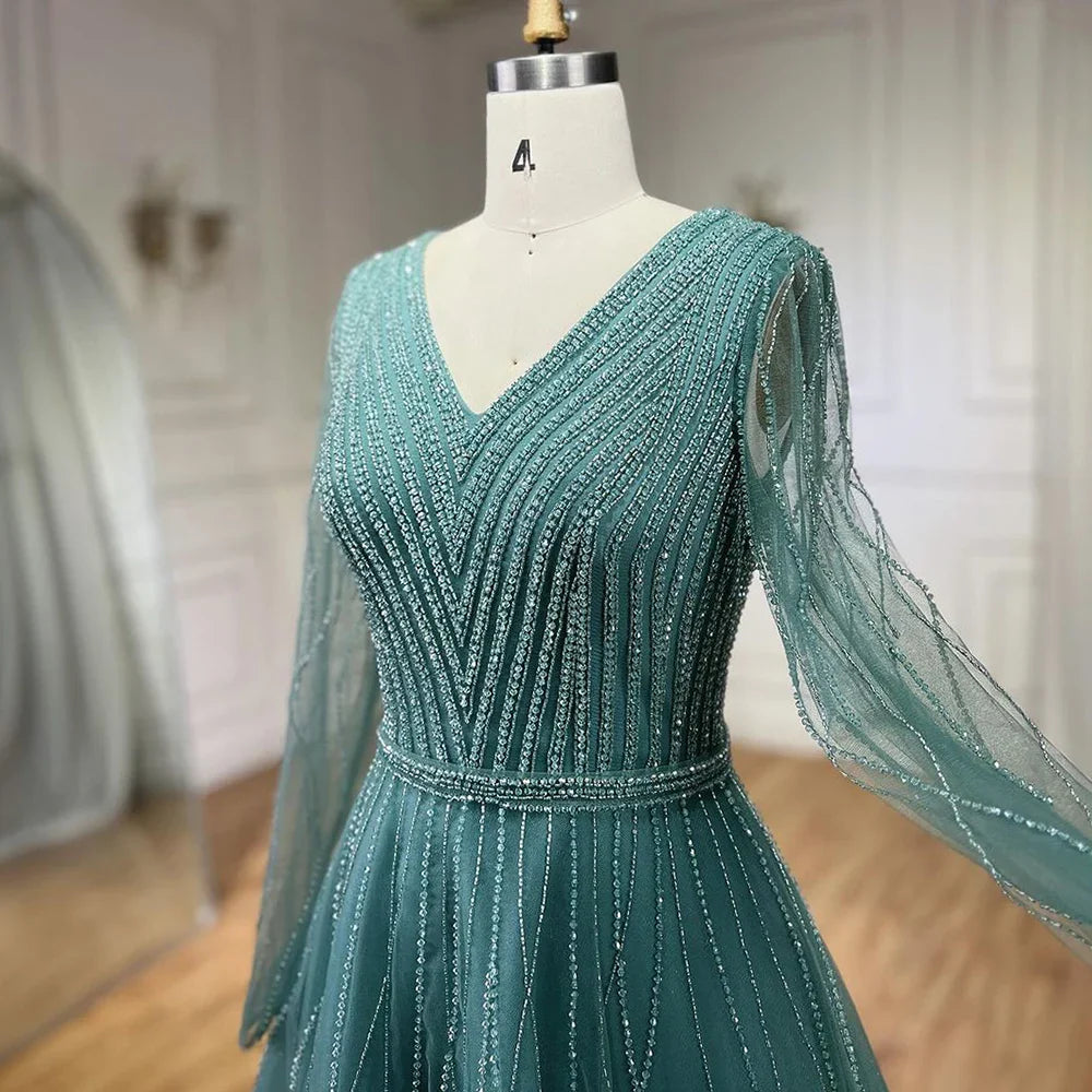 Vestido de noche musulmán turquesa elegante de corte A de lujo de Dubái con cuentas, vestido formal 2025 LA72228 