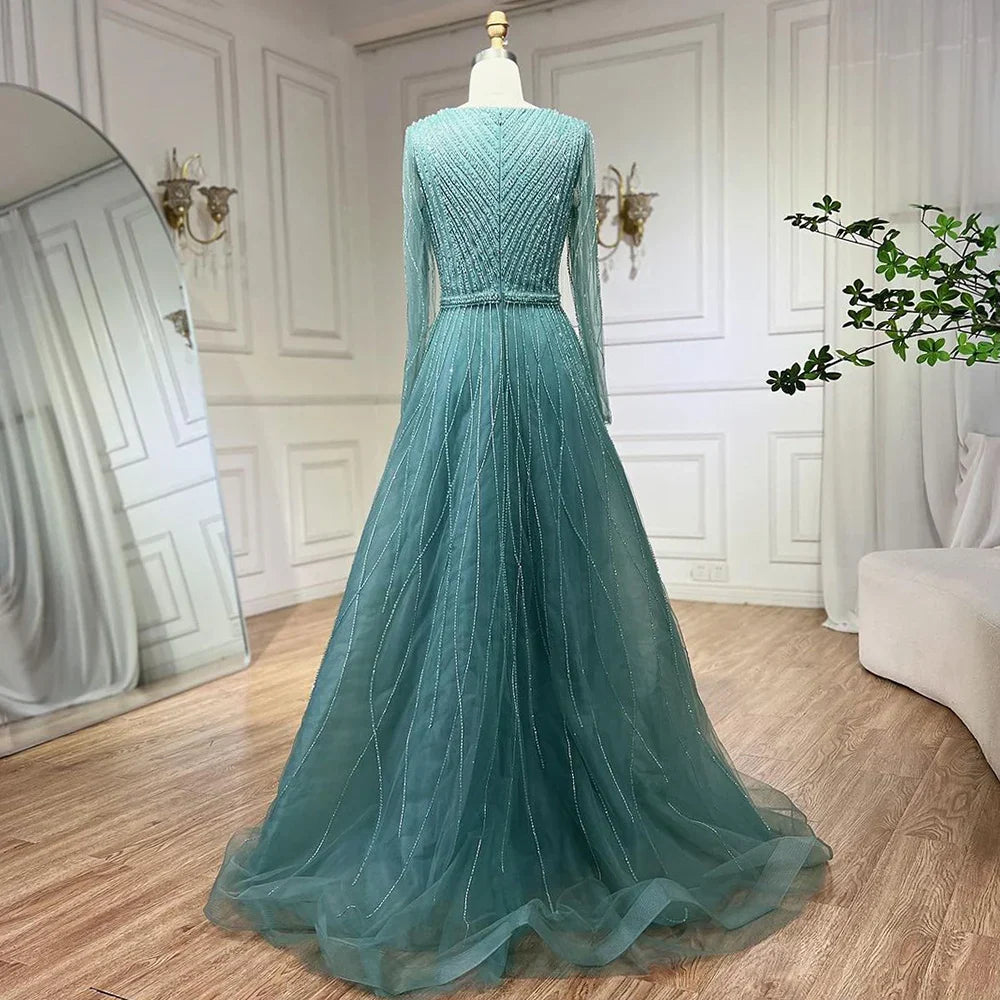 Vestido de noche musulmán turquesa elegante de corte A de lujo de Dubái con cuentas, vestido formal 2025 LA72228 