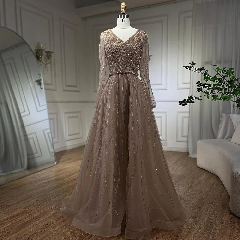 Vestido de noche musulmán turquesa elegante de corte A de lujo de Dubái con cuentas, vestido formal 2025 LA72228 