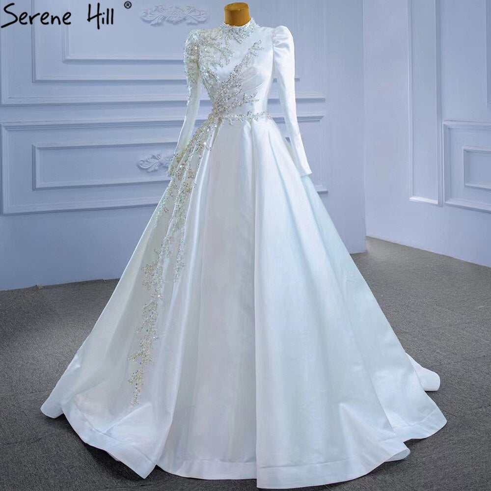 Vestidos de novia musulmanes blancos de corte A 2025, de satén de alta gama con cuentas, HM67396, hechos a medida 