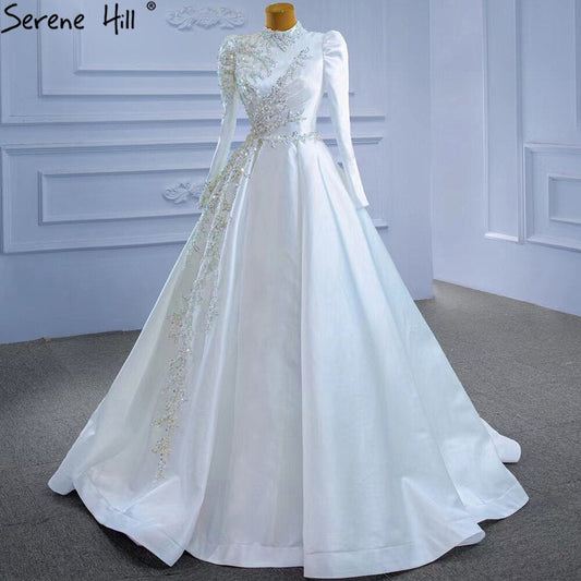 Muslim White A-Line Wedding Dresses 2025 Beaded High-end Satin Bride Gowns HM67396 Custom Made