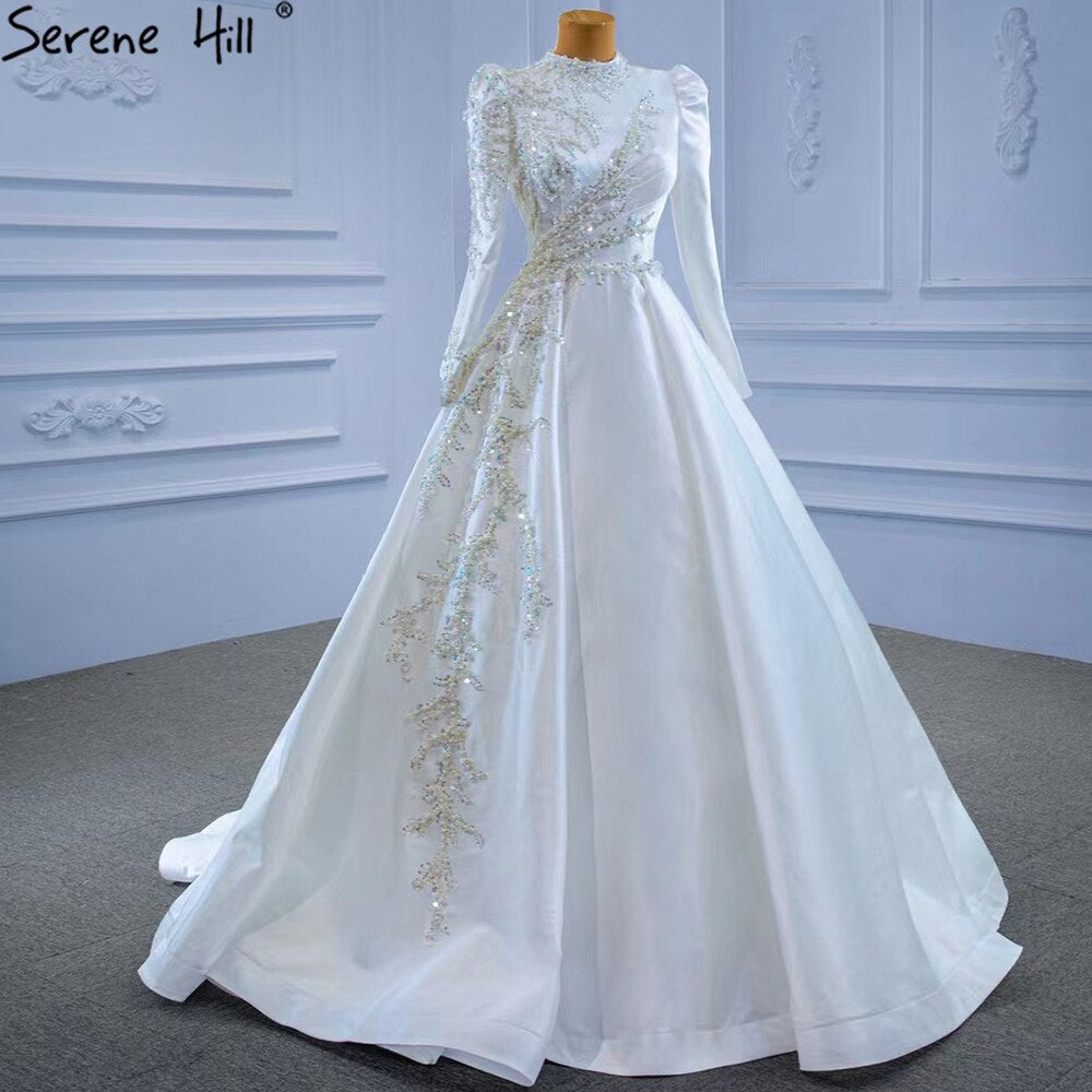 Vestidos de novia musulmanes blancos de corte A 2025, de satén de alta gama con cuentas, HM67396, hechos a medida 