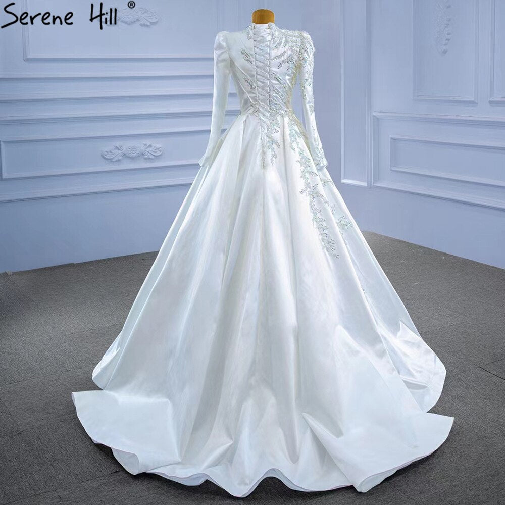 Vestidos de novia musulmanes blancos de corte A 2025, de satén de alta gama con cuentas, HM67396, hechos a medida 