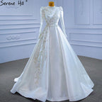 Vestidos de novia musulmanes blancos de corte A 2025, de satén de alta gama con cuentas, HM67396, hechos a medida 