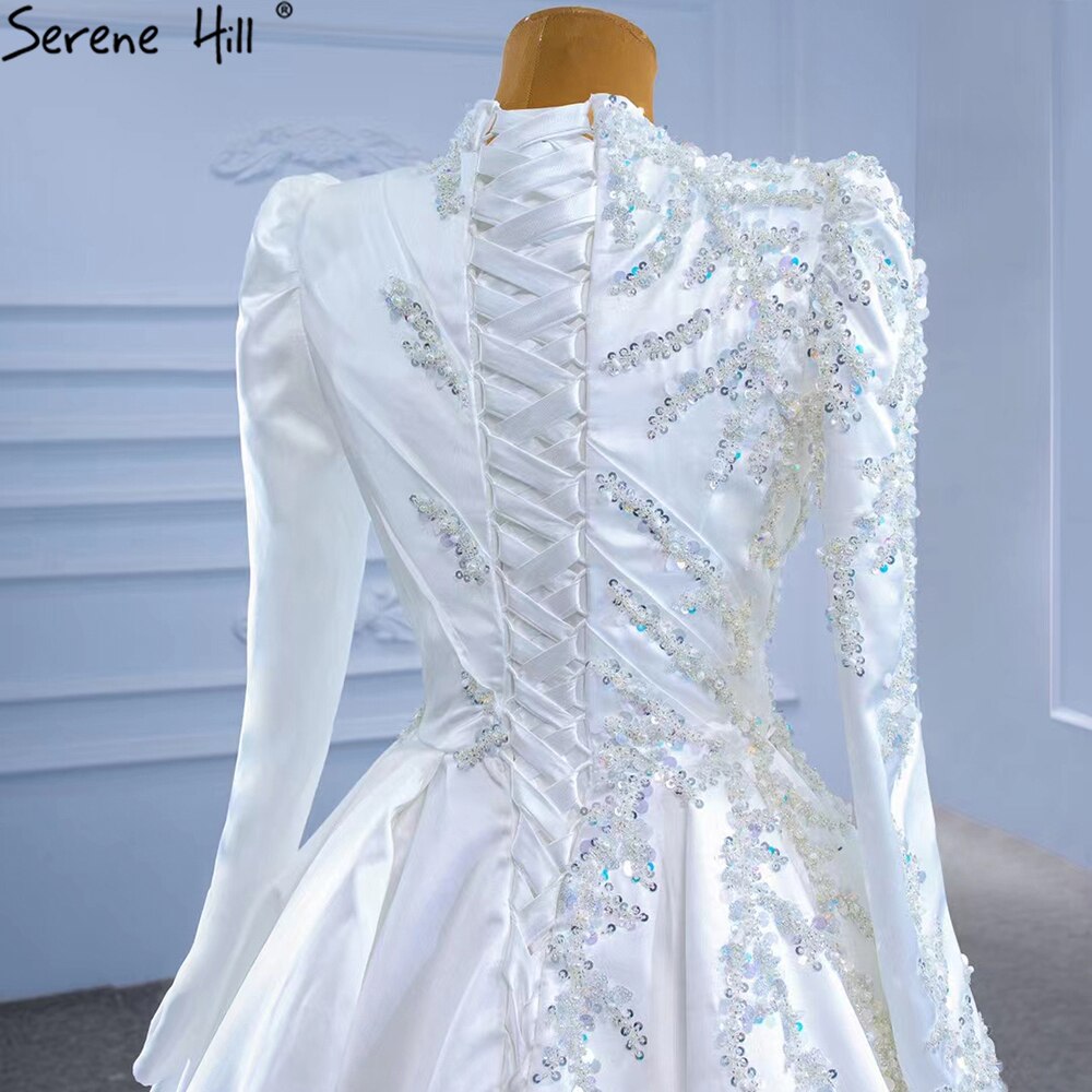 Vestidos de novia musulmanes blancos de corte A 2025, de satén de alta gama con cuentas, HM67396, hechos a medida 