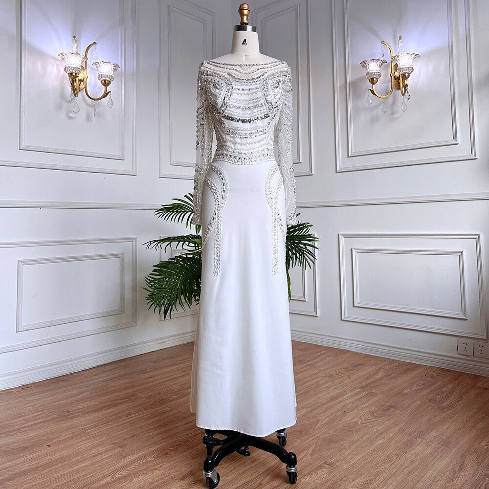 Muslimischen Weiß Elegante Meerjungfrau Luxus Spitze Perlen Arabisch Abendkleider Kleider 2025 Für Frauen Hochzeit Party LA71961 