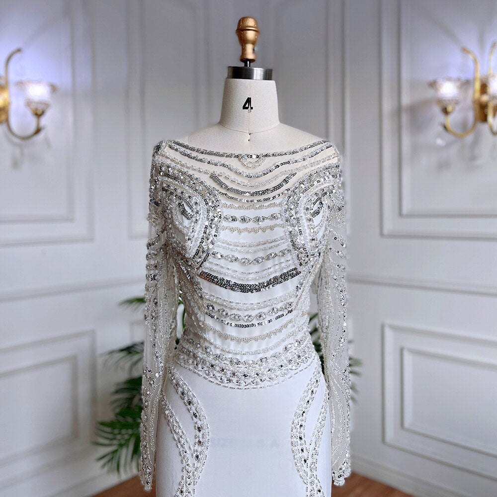 Muslimischen Weiß Elegante Meerjungfrau Luxus Spitze Perlen Arabisch Abendkleider Kleider 2025 Für Frauen Hochzeit Party LA71961 
