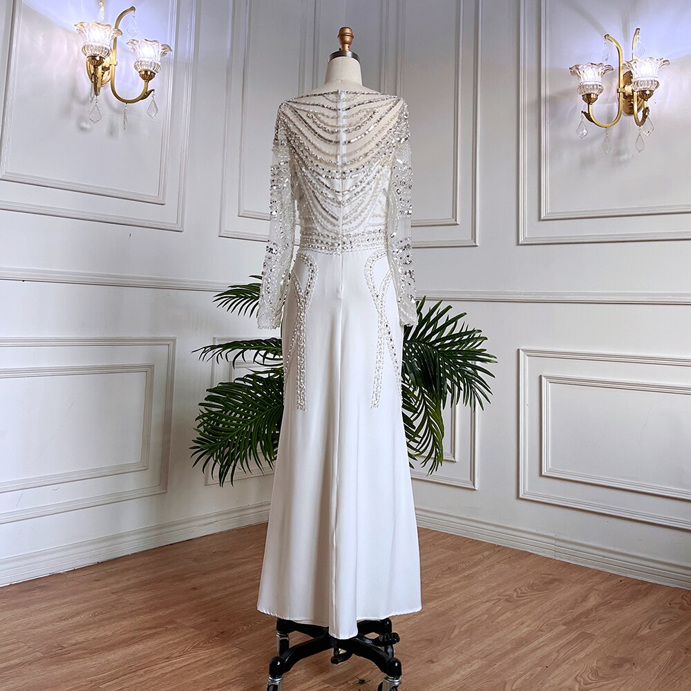 Muslimischen Weiß Elegante Meerjungfrau Luxus Spitze Perlen Arabisch Abendkleider Kleider 2025 Für Frauen Hochzeit Party LA71961 