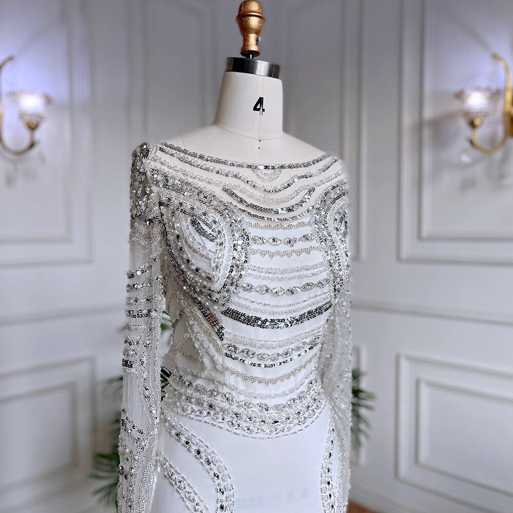Muslimischen Weiß Elegante Meerjungfrau Luxus Spitze Perlen Arabisch Abendkleider Kleider 2025 Für Frauen Hochzeit Party LA71961 