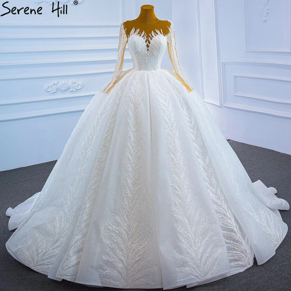 Vestidos de novia musulmanes blancos de lujo 2025 con mangas largas brillantes y encaje de alta gama HM67235 