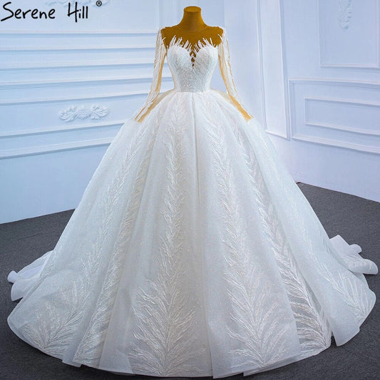 Muslim White Luxury Wedding Dresses 2025 Glitter Long Sleeves High-end Lace Up Bridal Dress HM67235