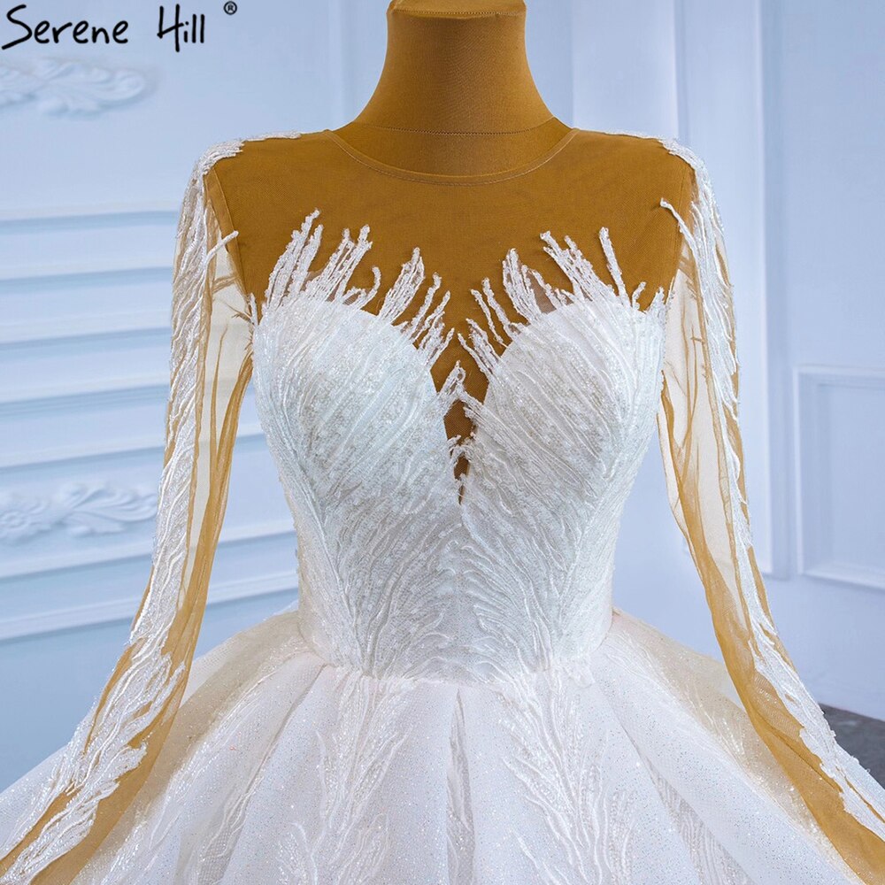Vestidos de novia musulmanes blancos de lujo 2025 con mangas largas brillantes y encaje de alta gama HM67235 