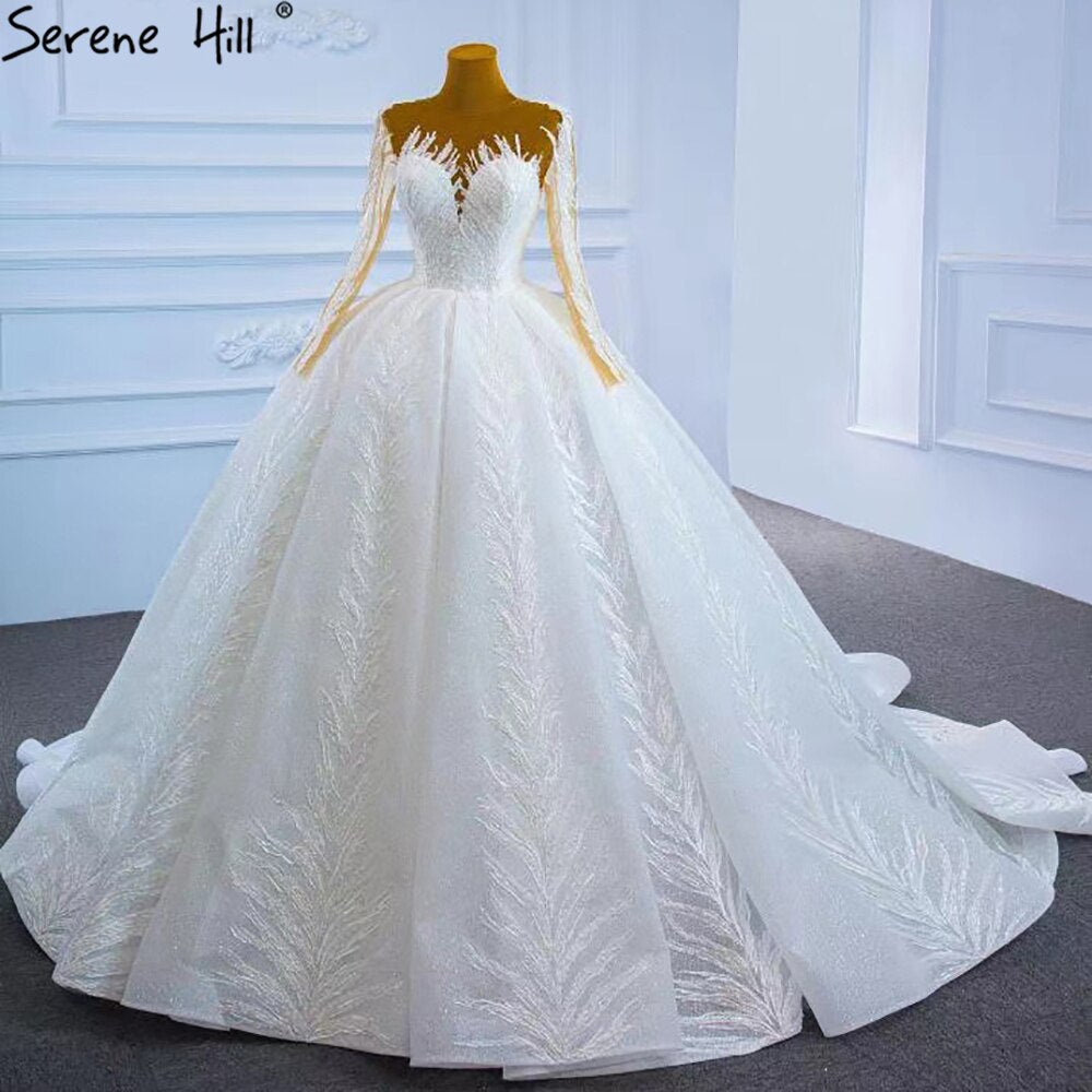 Vestidos de novia musulmanes blancos de lujo 2025 con mangas largas brillantes y encaje de alta gama HM67235 