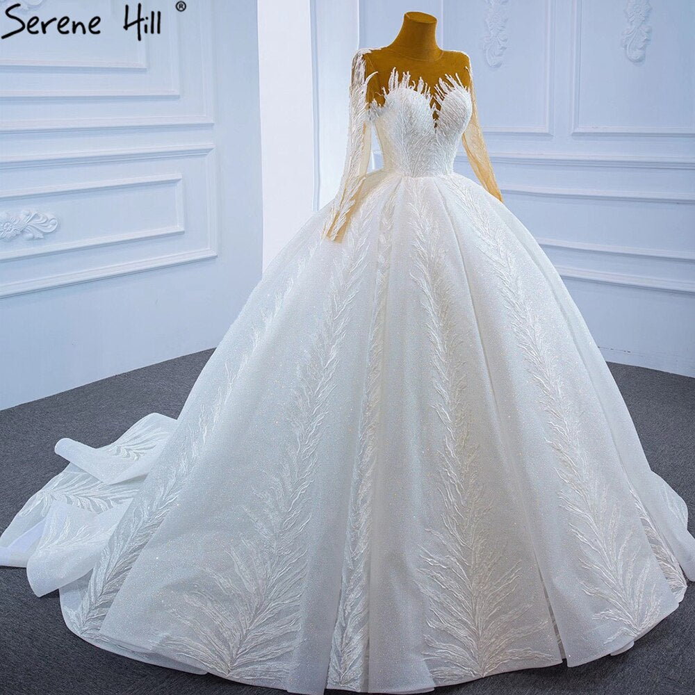 Vestidos de novia musulmanes blancos de lujo 2025 con mangas largas brillantes y encaje de alta gama HM67235 