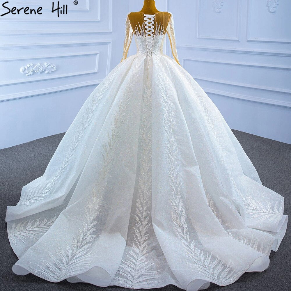 Vestidos de novia musulmanes blancos de lujo 2025 con mangas largas brillantes y encaje de alta gama HM67235 