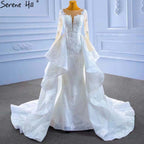 Vestido de novia musulmán blanco con sobrefalda, elegante vestido de novia de alta gama con encaje estilo sirena 2025 HM67416 