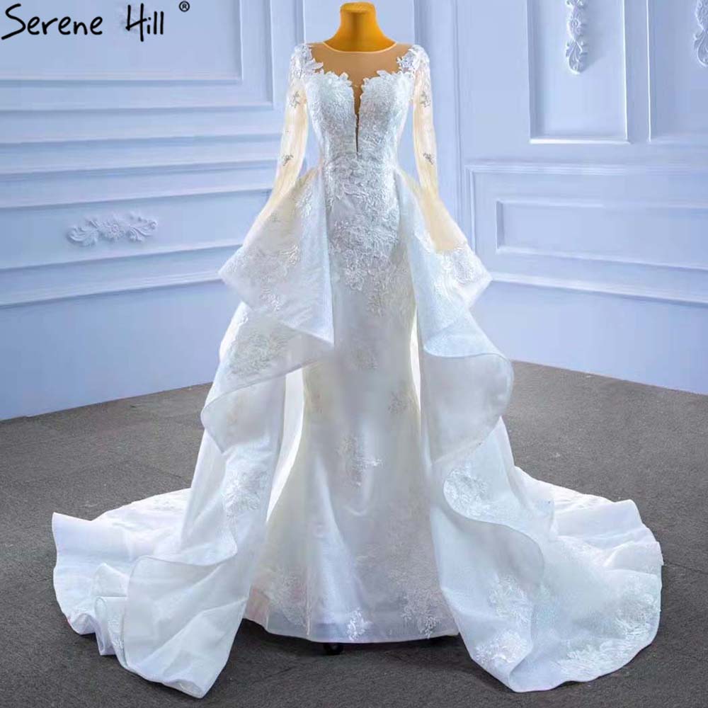 Vestido de novia musulmán blanco con sobrefalda, elegante vestido de novia de alta gama con encaje estilo sirena 2025 HM67416 