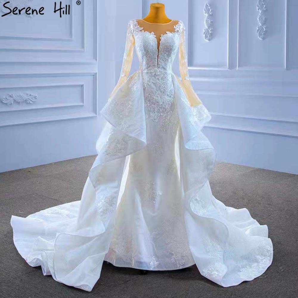 Vestido de novia musulmán blanco con sobrefalda, elegante vestido de novia de alta gama con encaje estilo sirena 2025 HM67416 