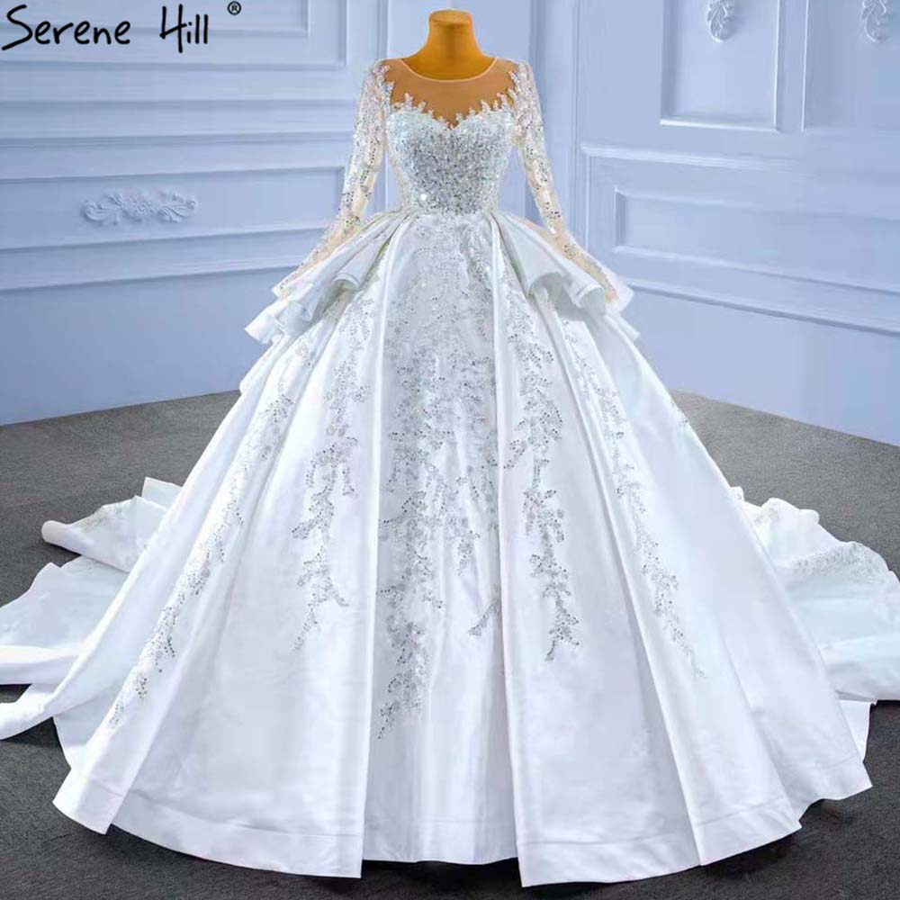 Vestidos de novia musulmanes blancos con volantes y cuentas, 2025, satén de lujo, con cordones, HM67329, hechos a medida 