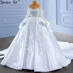 Vestidos de novia musulmanes blancos con volantes y cuentas, 2025, satén de lujo, con cordones, HM67329, hechos a medida 