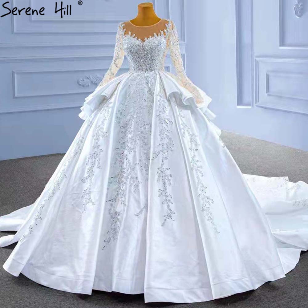 Vestidos de novia musulmanes blancos con volantes y cuentas, 2025, satén de lujo, con cordones, HM67329, hechos a medida 