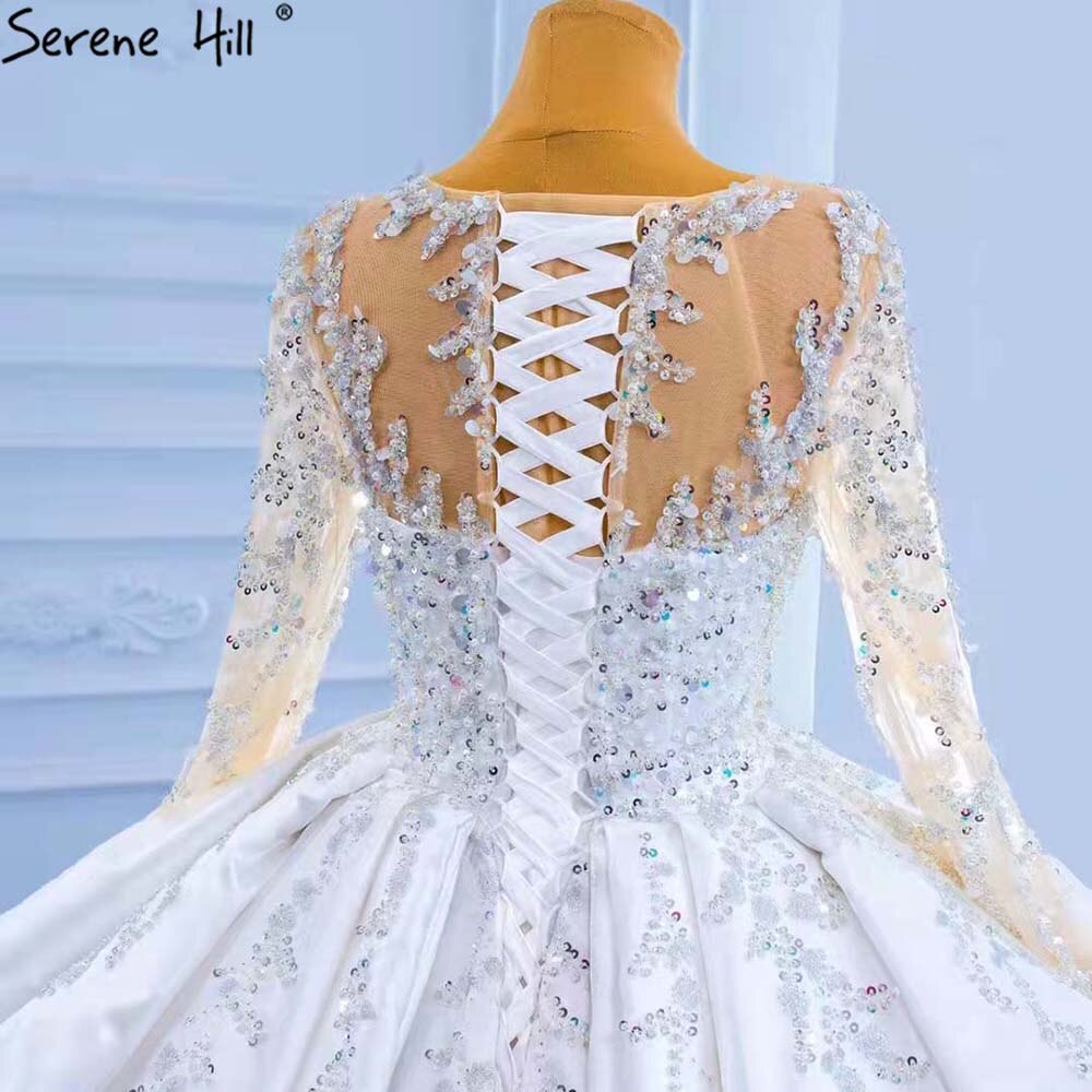 Vestidos de novia musulmanes blancos con volantes y cuentas, 2025, satén de lujo, con cordones, HM67329, hechos a medida 